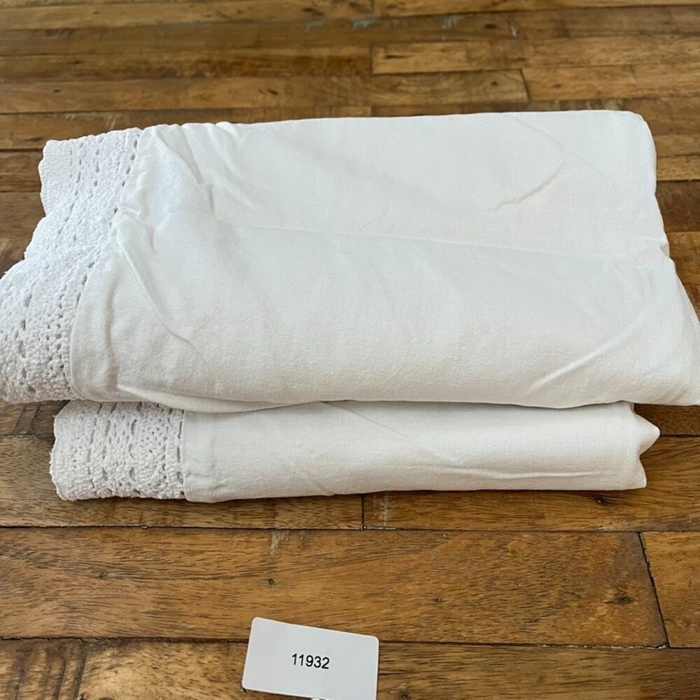 Simply Shabby Chic White King Pillow Shams (2) Linen Blend Lace Crochet Trim